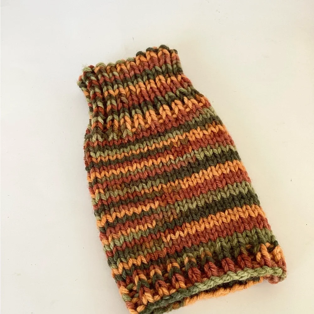 Gloves Fingerless Hand Crafted Colorful Striped Orange Greens Rust Ribbed
